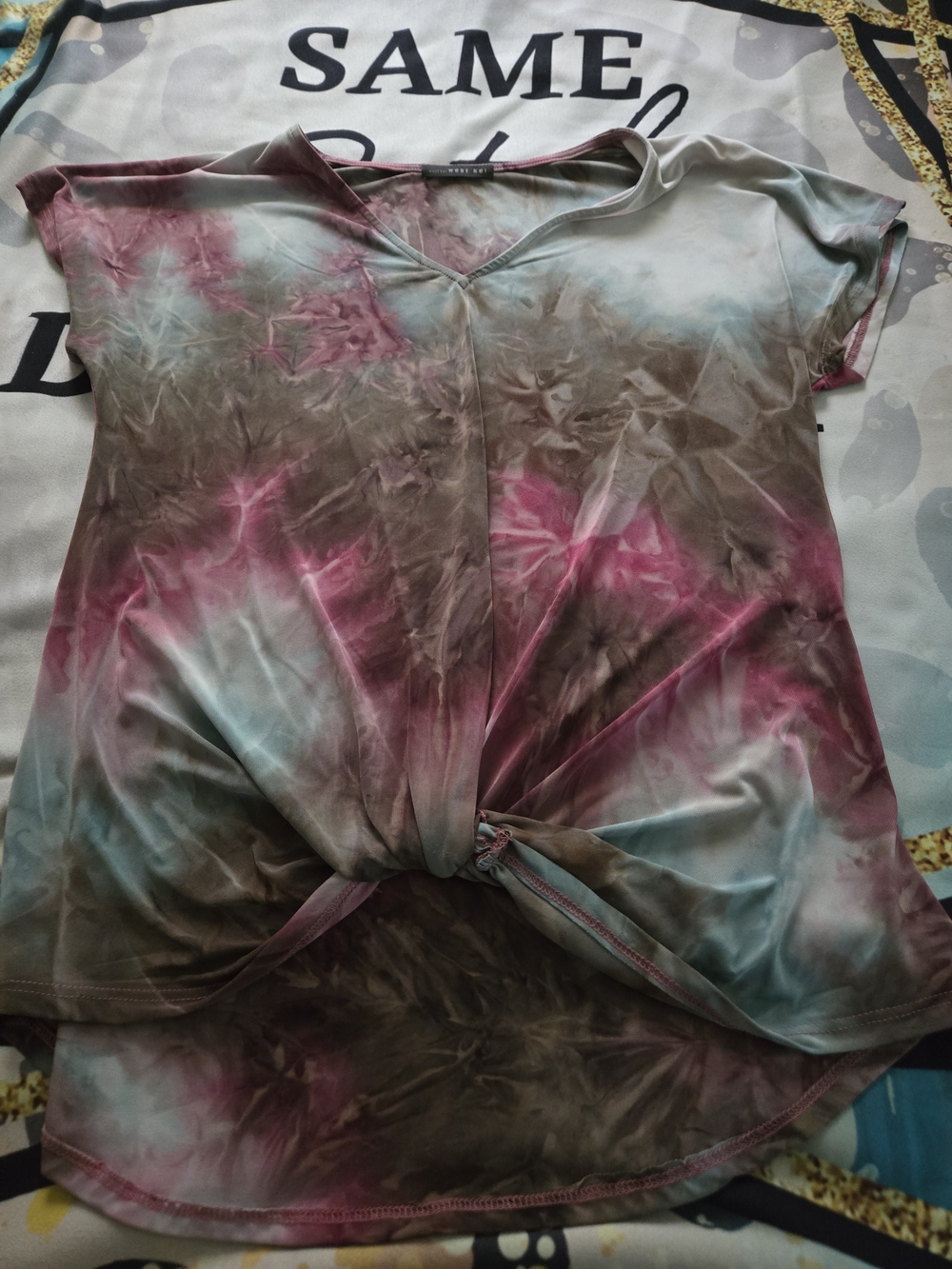 Tie-Dye Knot Front V-Neck Top - Pink Multi